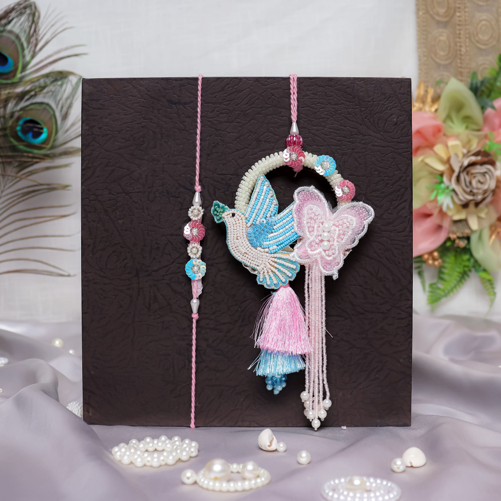 Image of Elegant Bird &amp; Butterfly Bhai Bhabhi Rakhi Pair | Bhaiya Bhabhi Rakhi Set