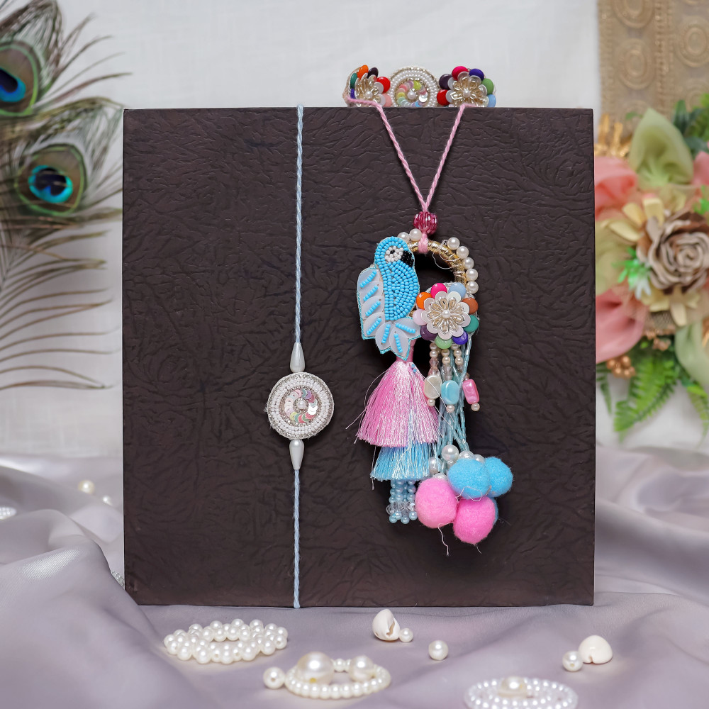 Image of Handcrafted Bird Motif Bhaiya Bhabhi Rakhi Set