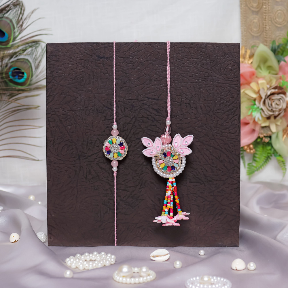 Image of Elegant Pink Bhaiya Bhabhi Rakhi Set | Matching Couple Rakhi Pair with Floral Accents
