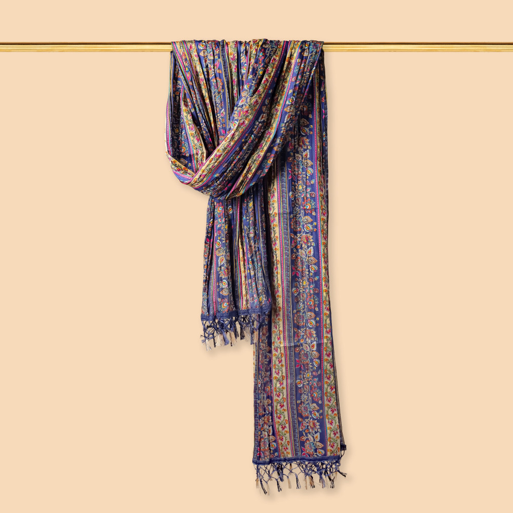 Image of Multi Color Floral Print Navy Blue Chinnon Dupatta