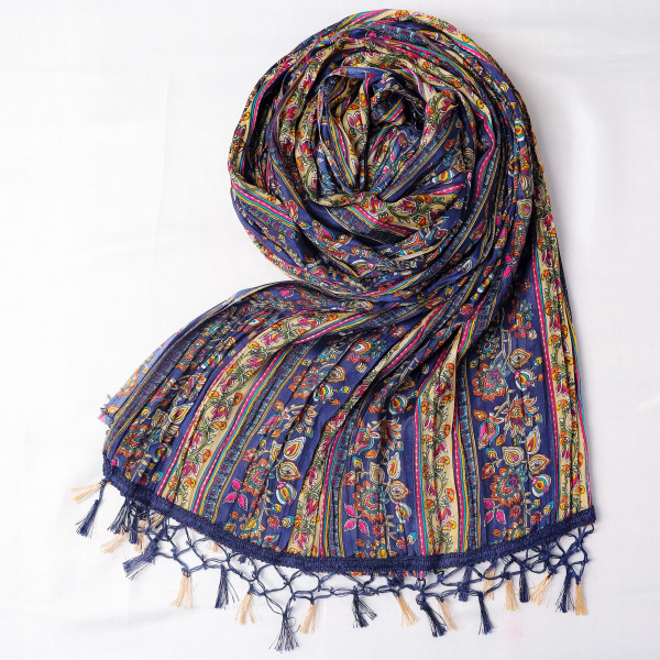 Multi Color Floral Print Navy Blue Chinnon Dupatta