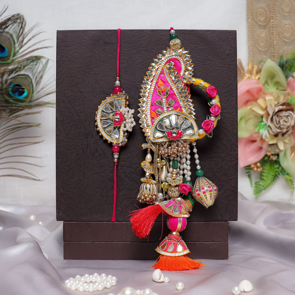 Image of Royal Keri Motif Gota Patti Bhaiya Bhabhi Rakhi Set (Pair)