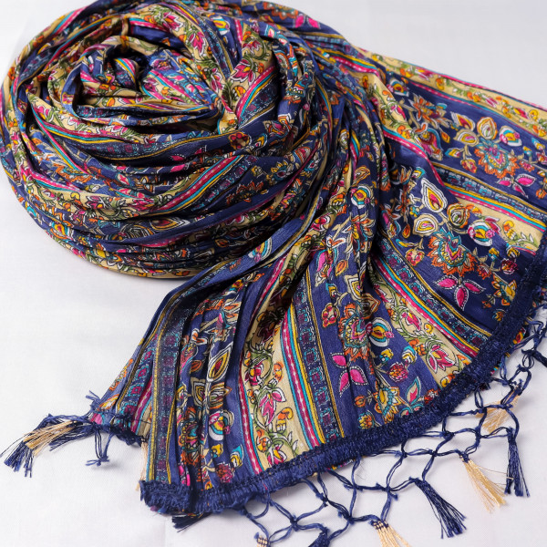 Multi Color Floral Print Navy Blue Chinnon Dupatta