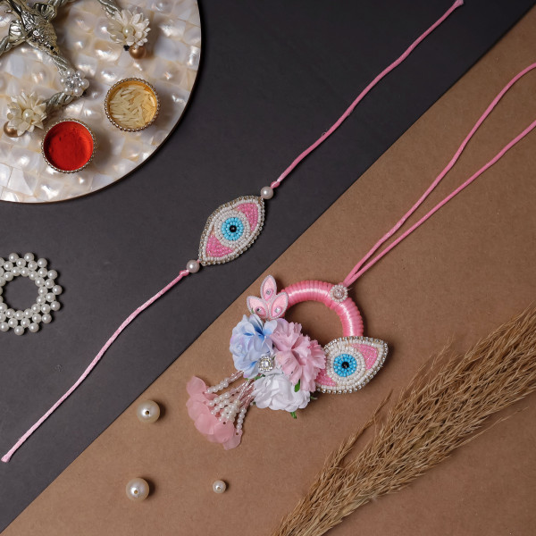 Elegant Pink Evil Eye Bhai Bhabhi Rakhi Pair