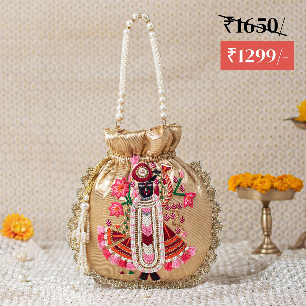 Image of Golden Tissue Shrinath Ji Scallop Potli Bag (Shreenath Ji)