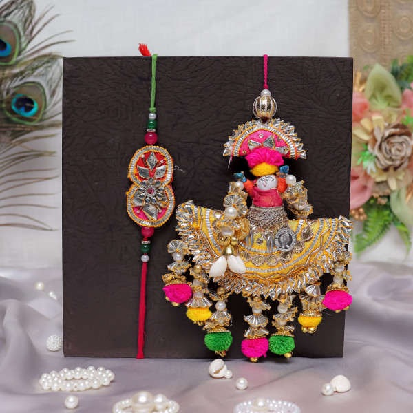 Handcrafted Bhai Bhabhi Puppet Rakhi Pair – Vibrant Multi-Color Gota Work