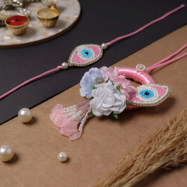 Elegant Pink Evil Eye Bhai Bhabhi Rakhi Pair