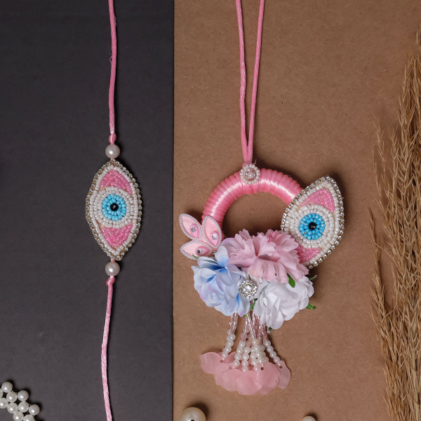 Elegant Pink Evil Eye Bhai Bhabhi Rakhi Pair