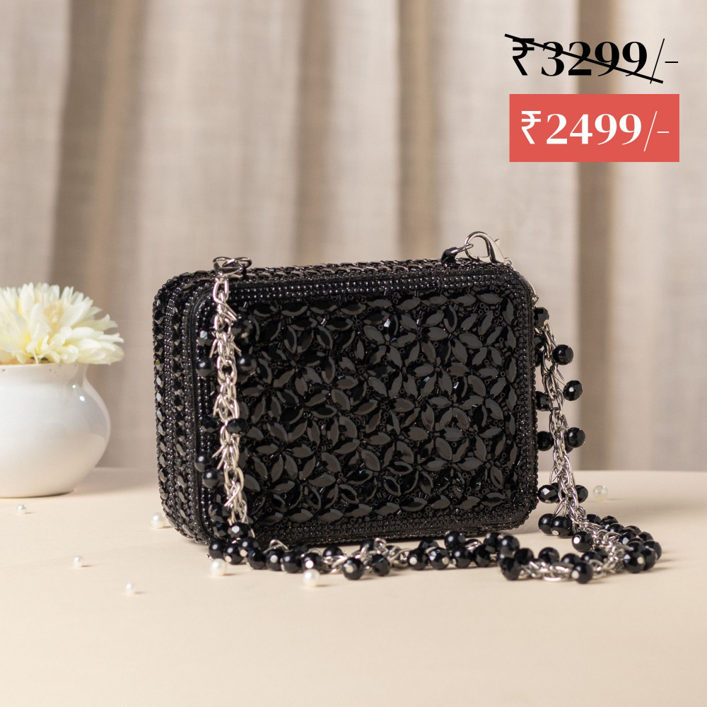Image of Black Crystal Embellished Mini Evening Bag with Beaded Chain