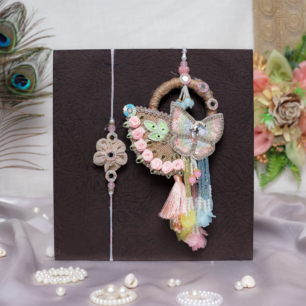 Image of legant Pink &amp; Firozi Butterfly Bhaiya Bhabhi Rakhi Pair | Handcrafted Festive Rakhi Set
