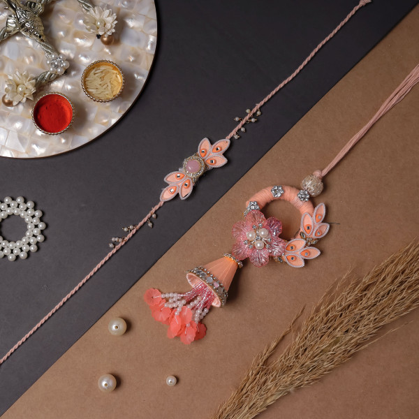 Elegant Peach Bhai Bhabhi Rakhi Pair | Traditional Lumba Rakhi Set