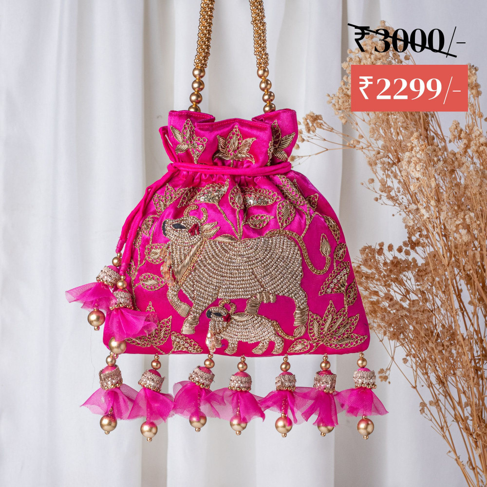 Image of Rani Exquisite Marodi Embroidery with Golden Pearls Pichwai Potli Bag
