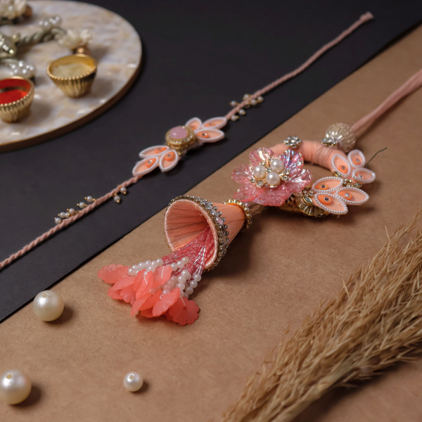 Elegant Peach Bhai Bhabhi Rakhi Pair | Traditional Lumba Rakhi Set