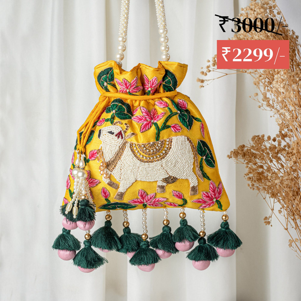 Image of yellow Meticulously Designed Pichwai Multi Thread Embroidery and Zardosi Handwork Potli BAG