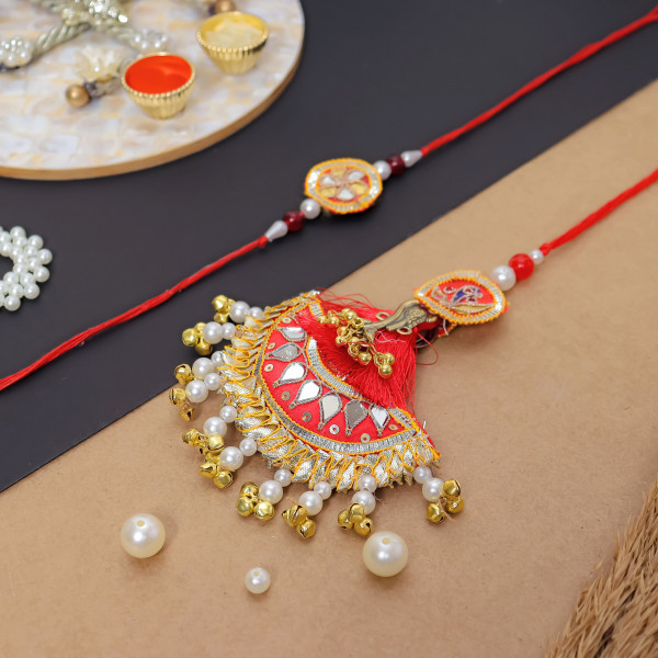 Festive Gota & Mirror Work Bhaiya Bhabhi Lumba Rakhi Set