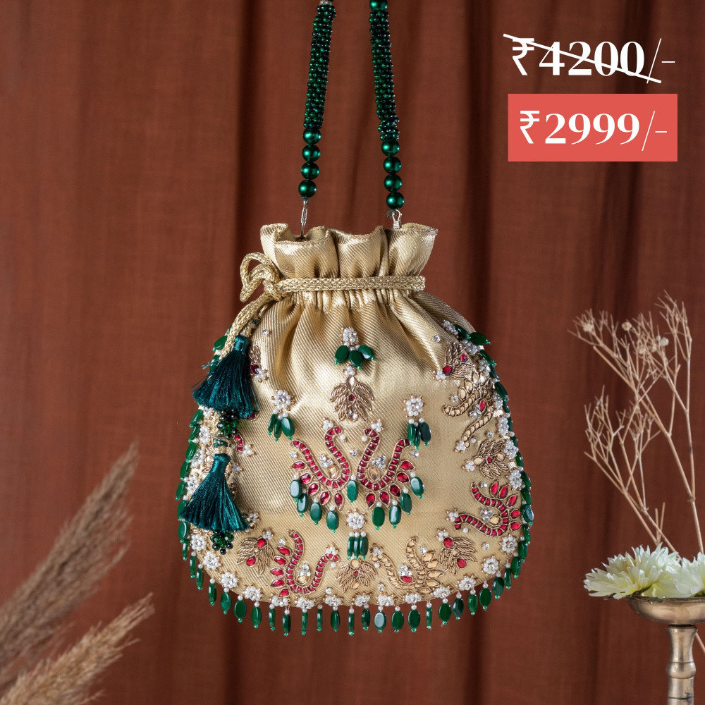 Image of Golden Jewellery Embroidered Tissue Potli Bag