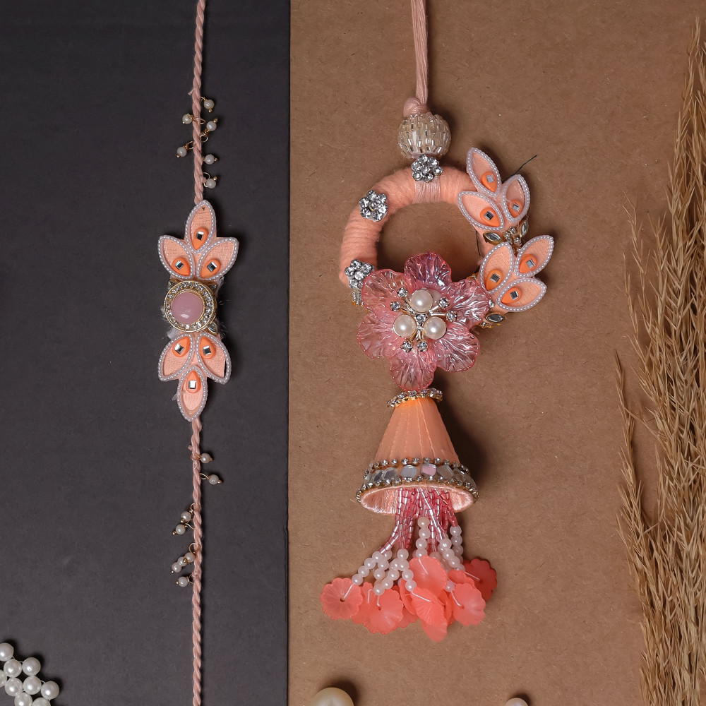 Image of Elegant Peach Bhai Bhabhi Rakhi Pair | Traditional Lumba Rakhi Set