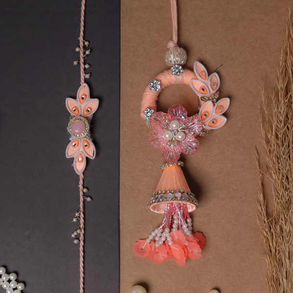 Elegant Peach Bhai Bhabhi Rakhi Pair | Traditional Lumba Rakhi Set