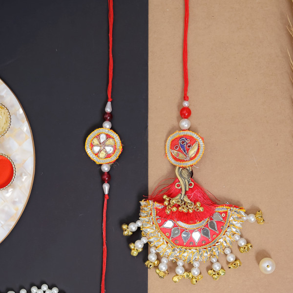 Festive Gota & Mirror Work Bhaiya Bhabhi Lumba Rakhi Set