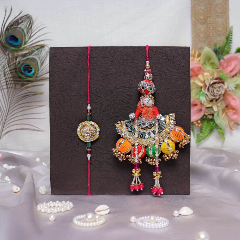 Image of Gota Patti Multi-Color Puppet Lumba Rakhi Pair (Bhai &amp; Bhabhi Set)