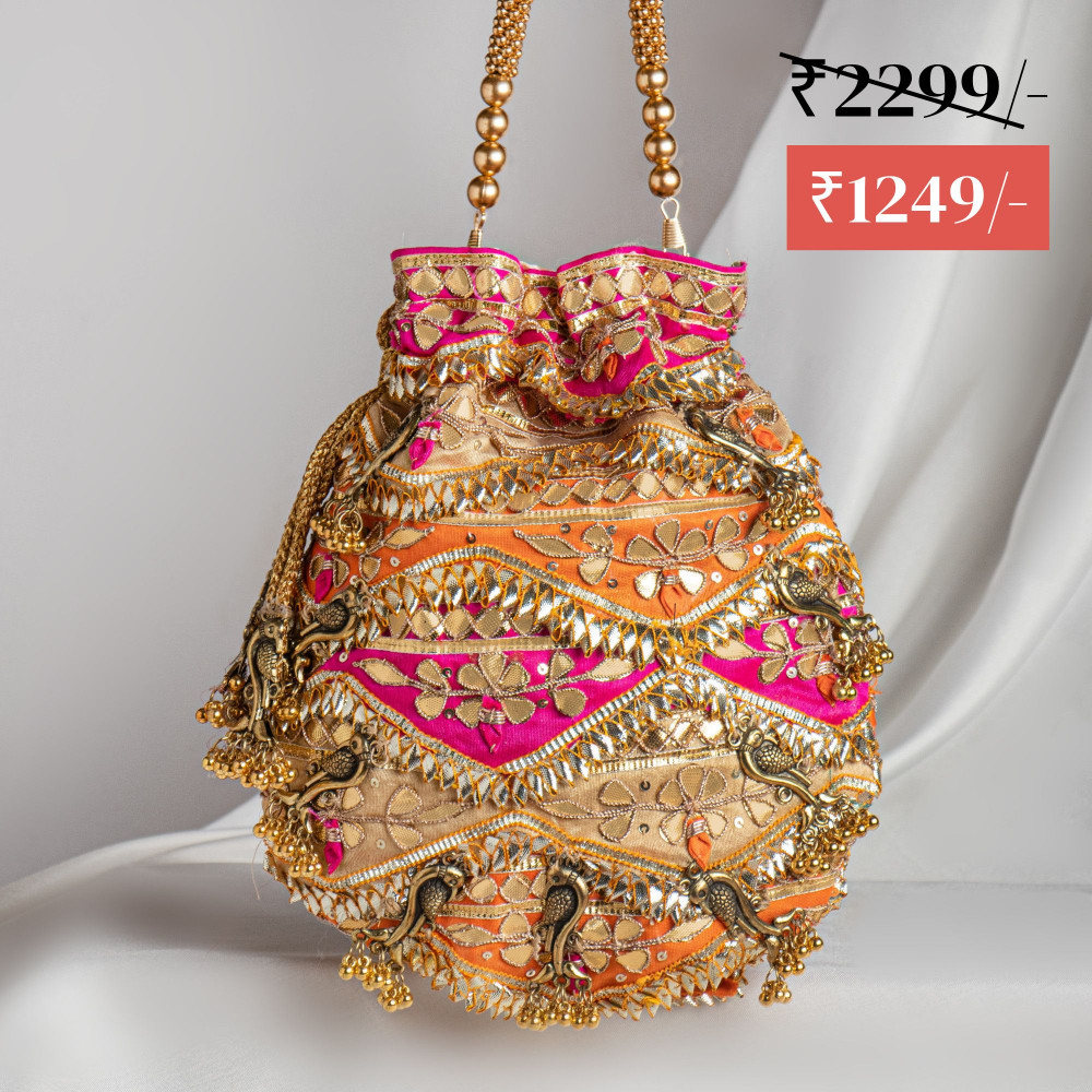 Image of Designer Multicolor Gota Patti Potli Bag | Orange Pink Gold Festive Potli
