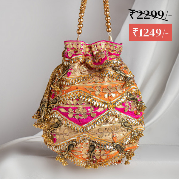 Designer Multicolor Gota Patti Potli Bag | Orange Pink Gold Festive Potli