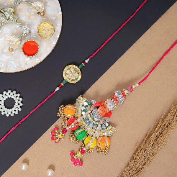 Gota Patti Multi-Color Puppet Lumba Rakhi Pair (Bhai & Bhabhi Set)