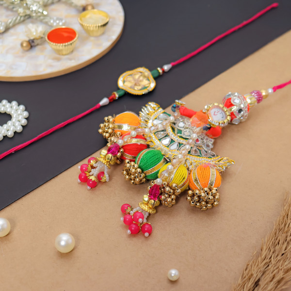Gota Patti Multi-Color Puppet Lumba Rakhi Pair (Bhai & Bhabhi Set)