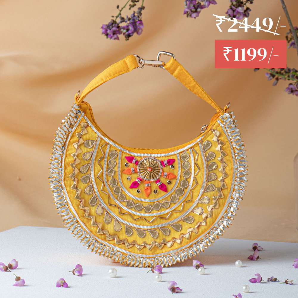 Image of YELLOW HAND GOTA WORK MOON SHAPE CLUTCH BAG HANDBAG