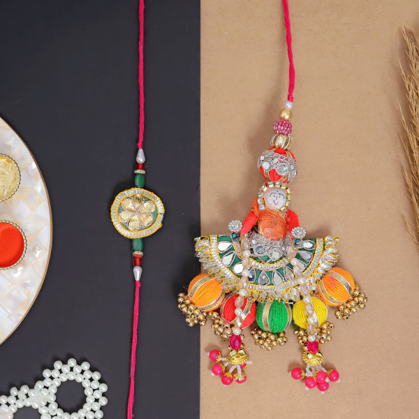 Gota Patti Multi-Color Puppet Lumba Rakhi Pair (Bhai & Bhabhi Set)