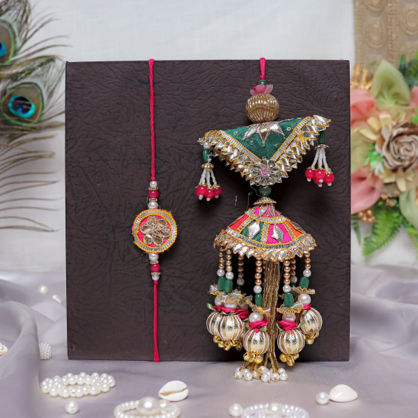 Handcrafted Gota Patti & Beads Bhaiya Bhabhi Rakhi Set | Elegant Lumba Rakhi Pair