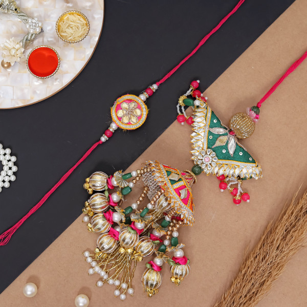 Handcrafted Gota Patti & Beads Bhaiya Bhabhi Rakhi Set | Elegant Lumba Rakhi Pair