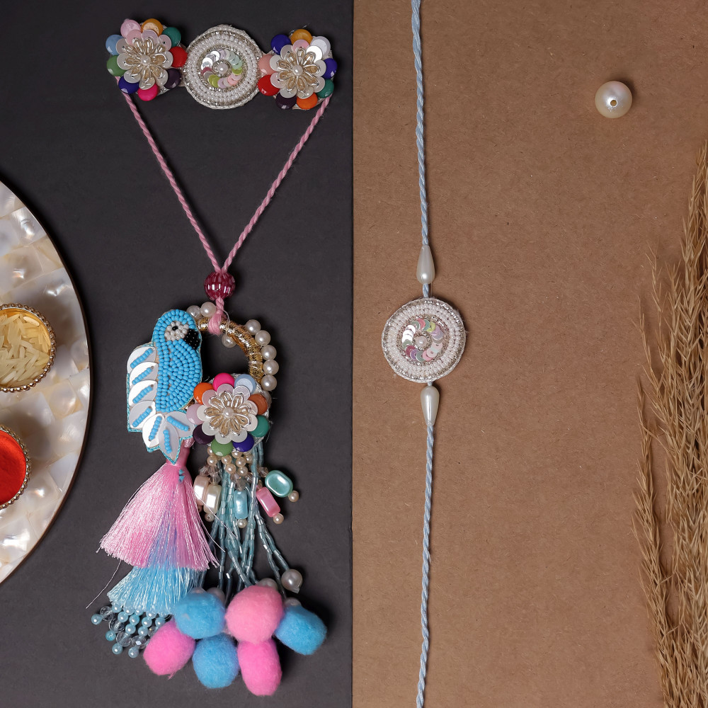 Image of Handcrafted Bird Motif Bhaiya Bhabhi Rakhi Set