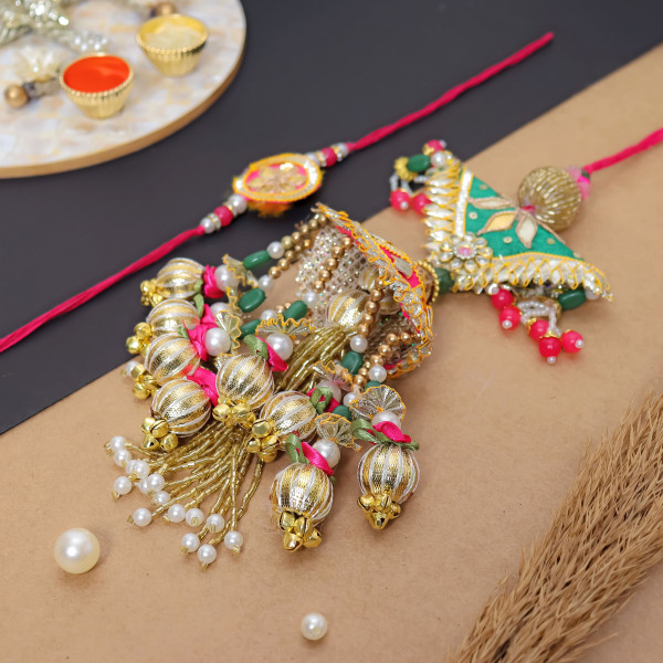 Handcrafted Gota Patti & Beads Bhaiya Bhabhi Rakhi Set | Elegant Lumba Rakhi Pair