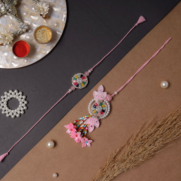 Elegant Pink Bhaiya Bhabhi Rakhi Set | Matching Couple Rakhi Pair with Floral Accents