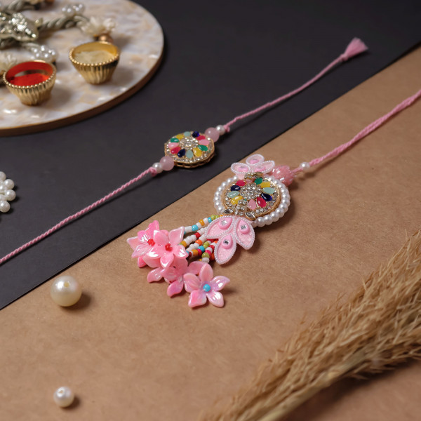 Elegant Pink Bhaiya Bhabhi Rakhi Set | Matching Couple Rakhi Pair with Floral Accents