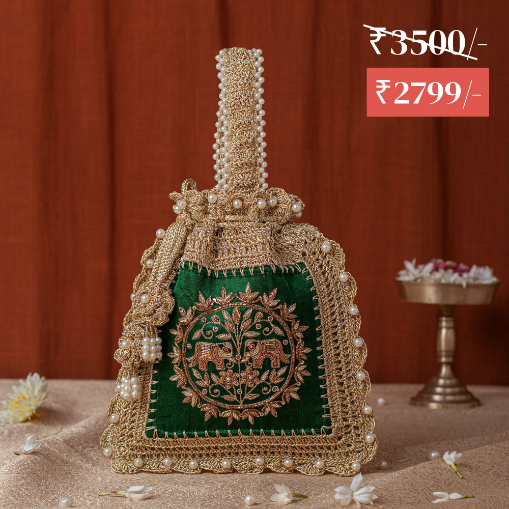 Image of Green Silk &amp; Crochet Elephant Embroidered Potli Bag