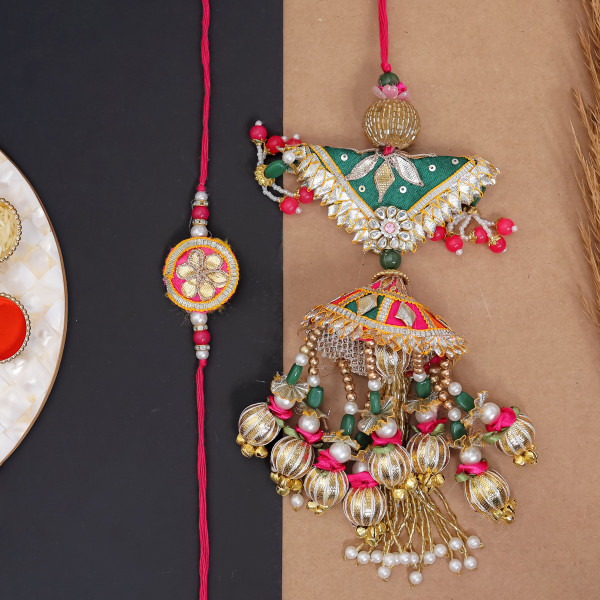 Handcrafted Gota Patti & Beads Bhaiya Bhabhi Rakhi Set | Elegant Lumba Rakhi Pair