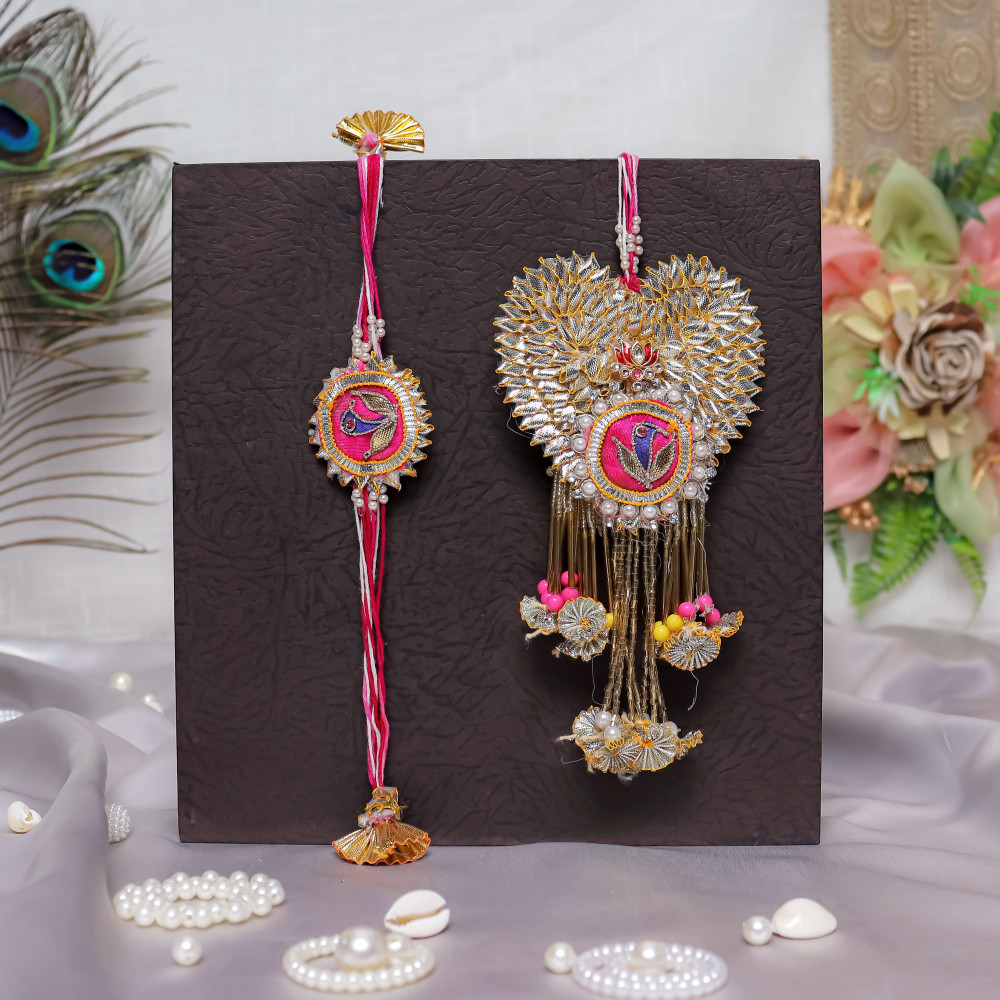 Image of Handmade Bhai Bhabhi Rakhi Set | Heart Gota Patti &amp; Beads Lumba Set
