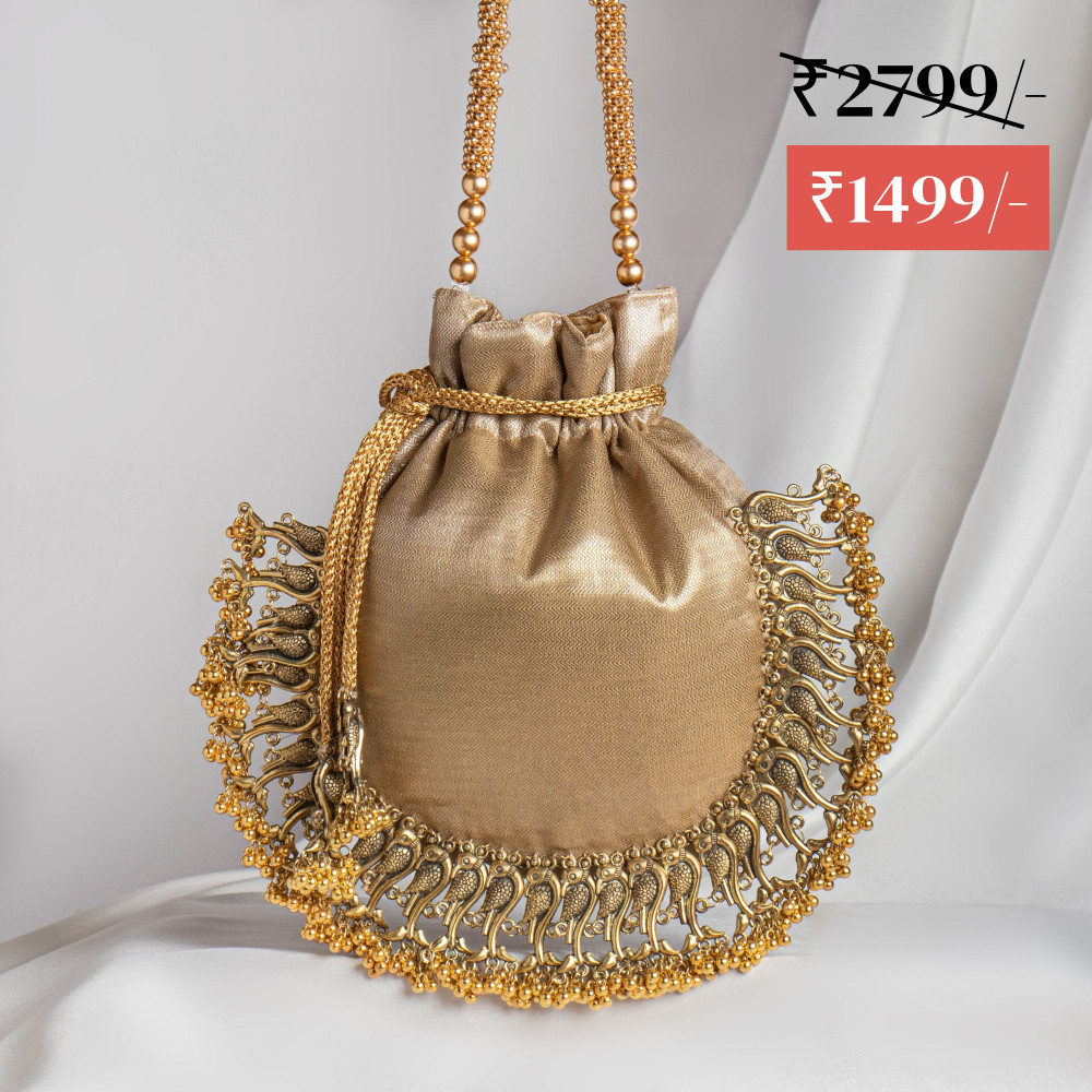 Image of ROSE GOLD TISSUE SILK METAL PEACOCK GOTA HAND EMBROIDRY WORK POTLI BAG