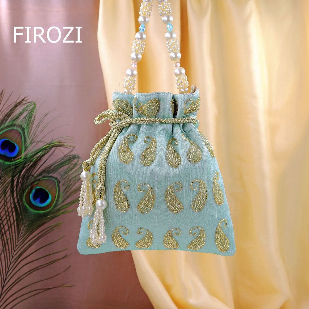 Image of pack of 10pc Premium Glass Beads Hand-Embroidered Potli Bag with Pearl Handle