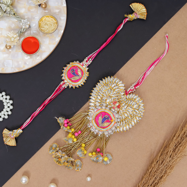 Handmade Bhai Bhabhi Rakhi Set | Heart Gota Patti & Beads Lumba Set