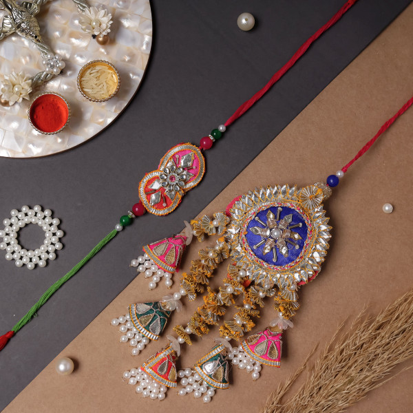 Royal Gota & Beads Embellished Bhaiya Bhabhi Rakhi Set (Pair)