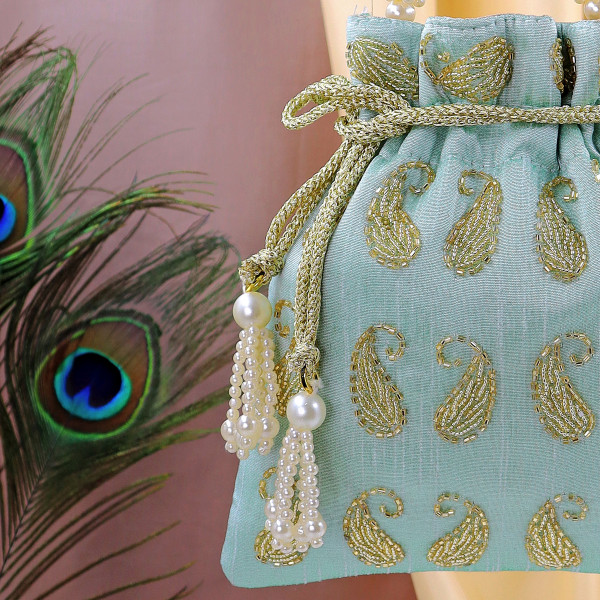 pack of 10pc Premium Glass Beads Hand-Embroidered Potli Bag with Pearl Handle