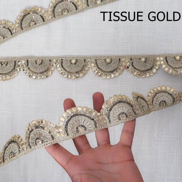 Gold Gota Embroidery & Katdana Beads Scalloped Lace Trim