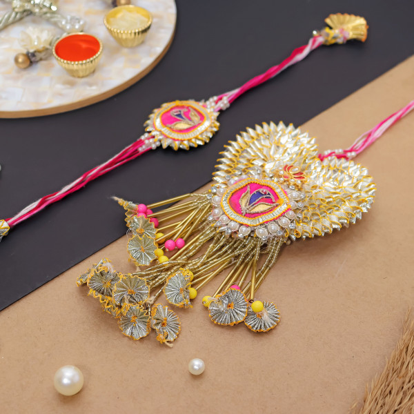 Handmade Bhai Bhabhi Rakhi Set | Heart Gota Patti & Beads Lumba Set