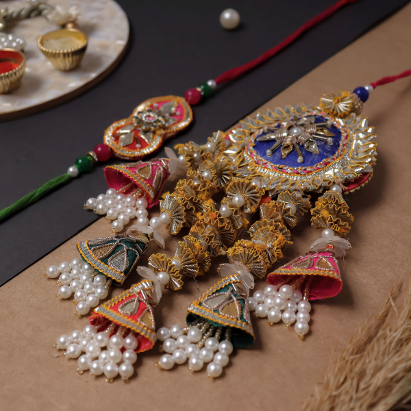 Royal Gota & Beads Embellished Bhaiya Bhabhi Rakhi Set (Pair)