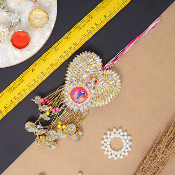 Handmade Bhai Bhabhi Rakhi Set | Heart Gota Patti & Beads Lumba Set