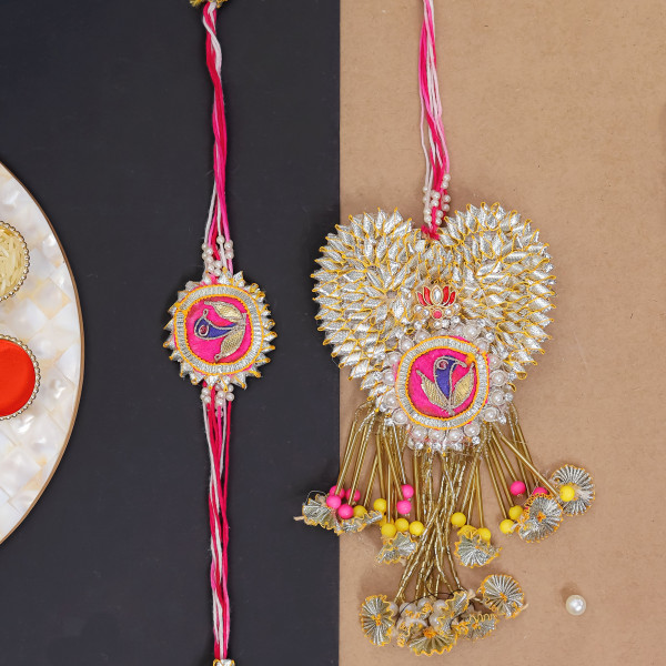 Handmade Bhai Bhabhi Rakhi Set | Heart Gota Patti & Beads Lumba Set