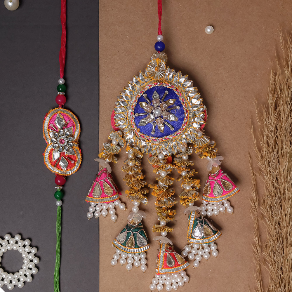 Image of Royal Gota &amp; Beads Embellished Bhaiya Bhabhi Rakhi Set (Pair)